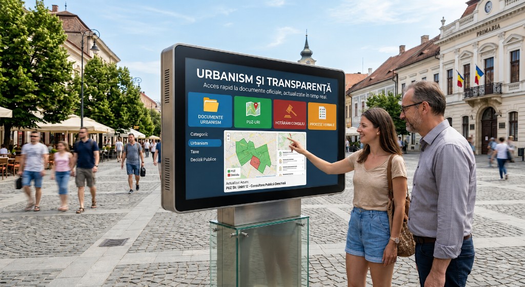 Ecran digital de urbanism si transparenta in piata orasului, cu cetateni la Primarie